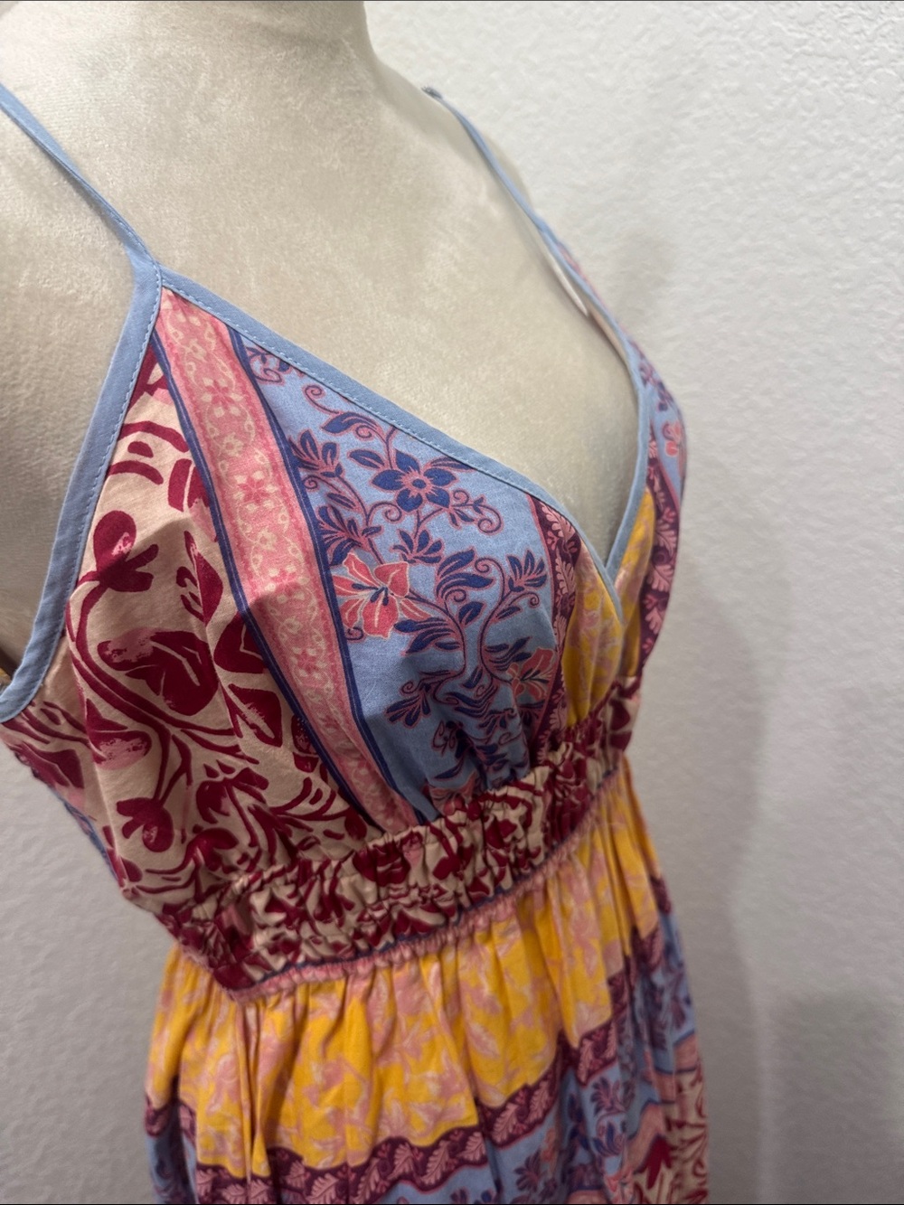 Japna Bohemian Floral Tiered Maxi Dress in Yellow, Blue & Burgundy - Picture 4 of 11